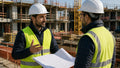 Un coordinatore della sicurezza in cantiere confronta una planimetria con un altro tecnico