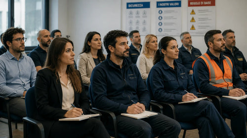 Un gruppo misto di lavoratori seduti in una sala corsi durante un aggiornamento sulla sicurezza