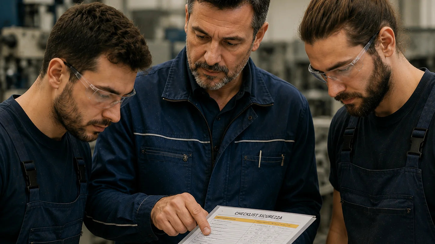 Un preposto controlla una checklist di sicurezza insieme a due colleghi