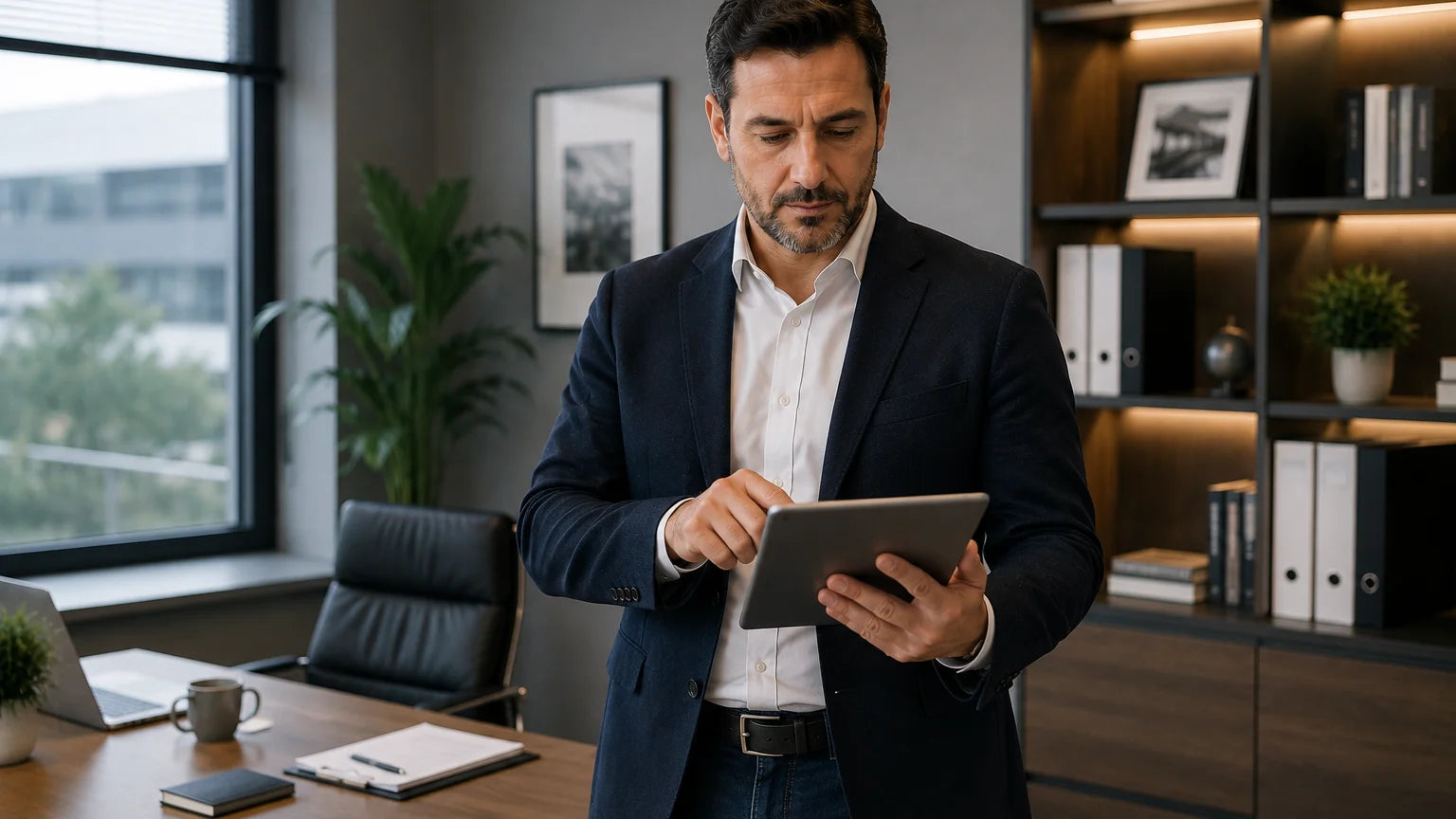 Un titolare d'azienda consulta un tablet in piedi nel proprio ufficio