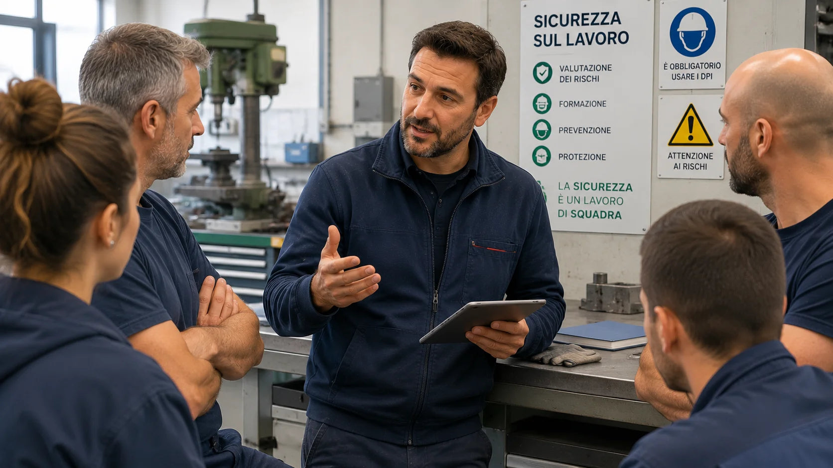 Un rappresentante dei lavoratori parla con i colleghi in un ambiente produttivo raccolto