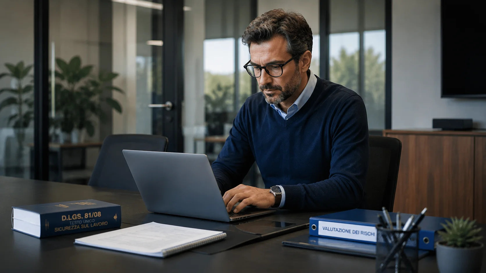 Un professionista consulta da solo il laptop in un ufficio