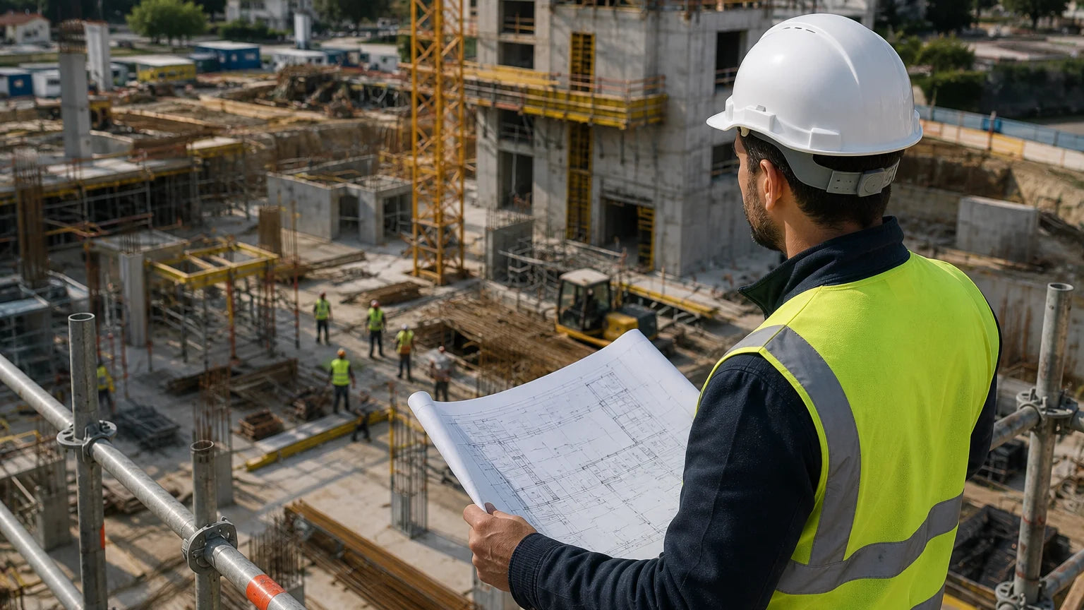 Un coordinatore della sicurezza osserva l'organizzazione generale del cantiere da un punto rialzato, planimetria in mano