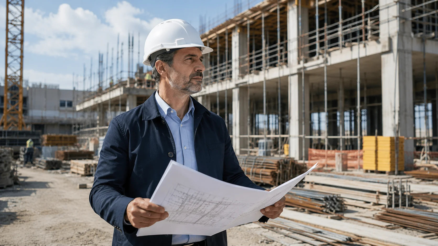 Un datore di lavoro con casco da cantiere osserva l'area di lavoro con una planimetria in mano