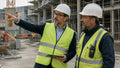 Un dirigente con casco e gilet parla con il capocantiere osservando l'area di lavoro