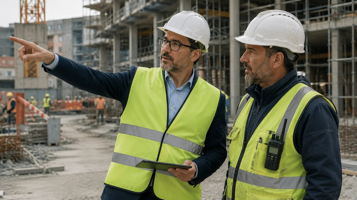 Un dirigente con casco e gilet parla con il capocantiere osservando l'area di lavoro