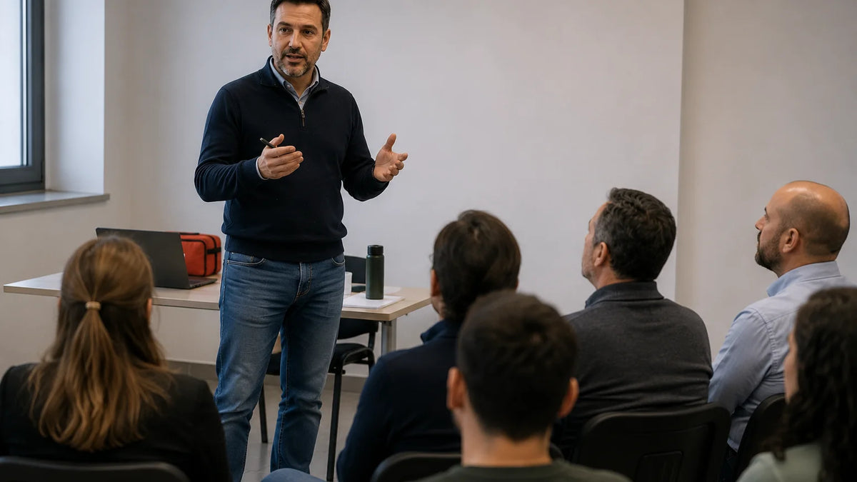 Un formatore spiega un argomento a un piccolo gruppo di persone sedute in aula