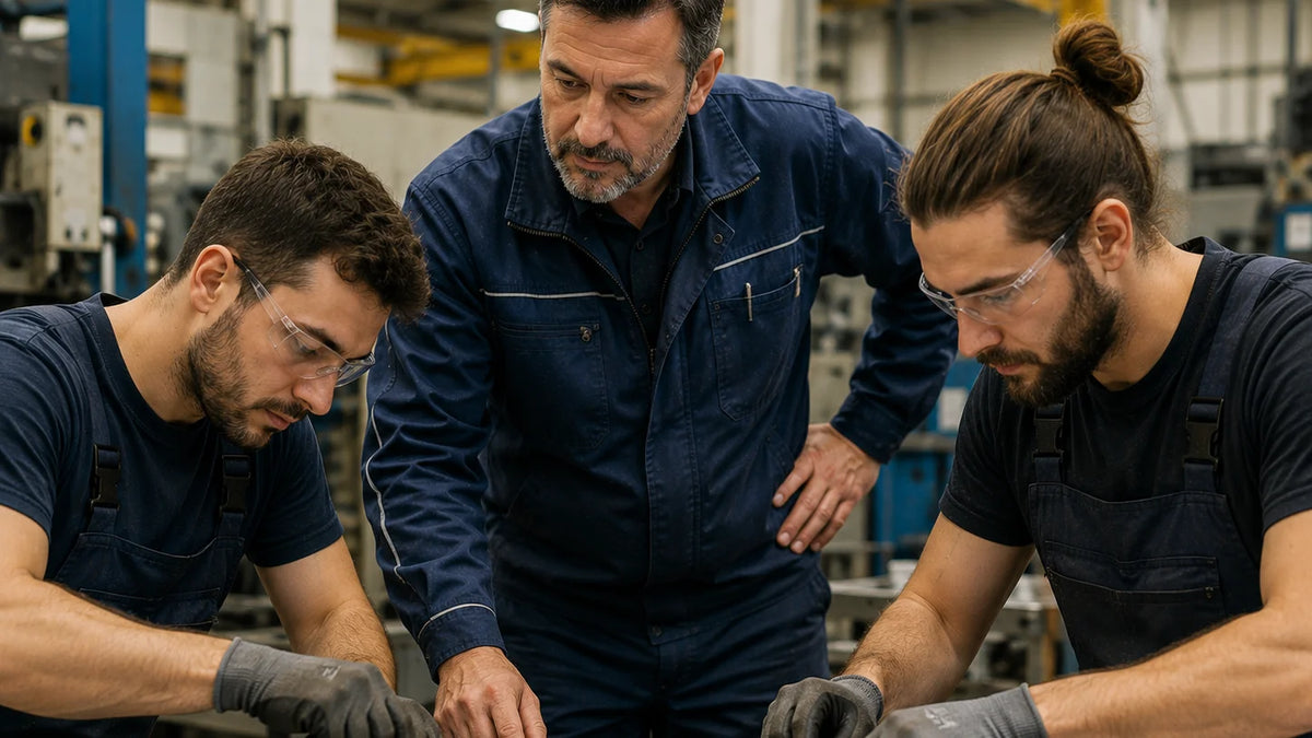 Un preposto osserva e supervisiona da vicino il lavoro di due colleghi in un ambiente produttivo