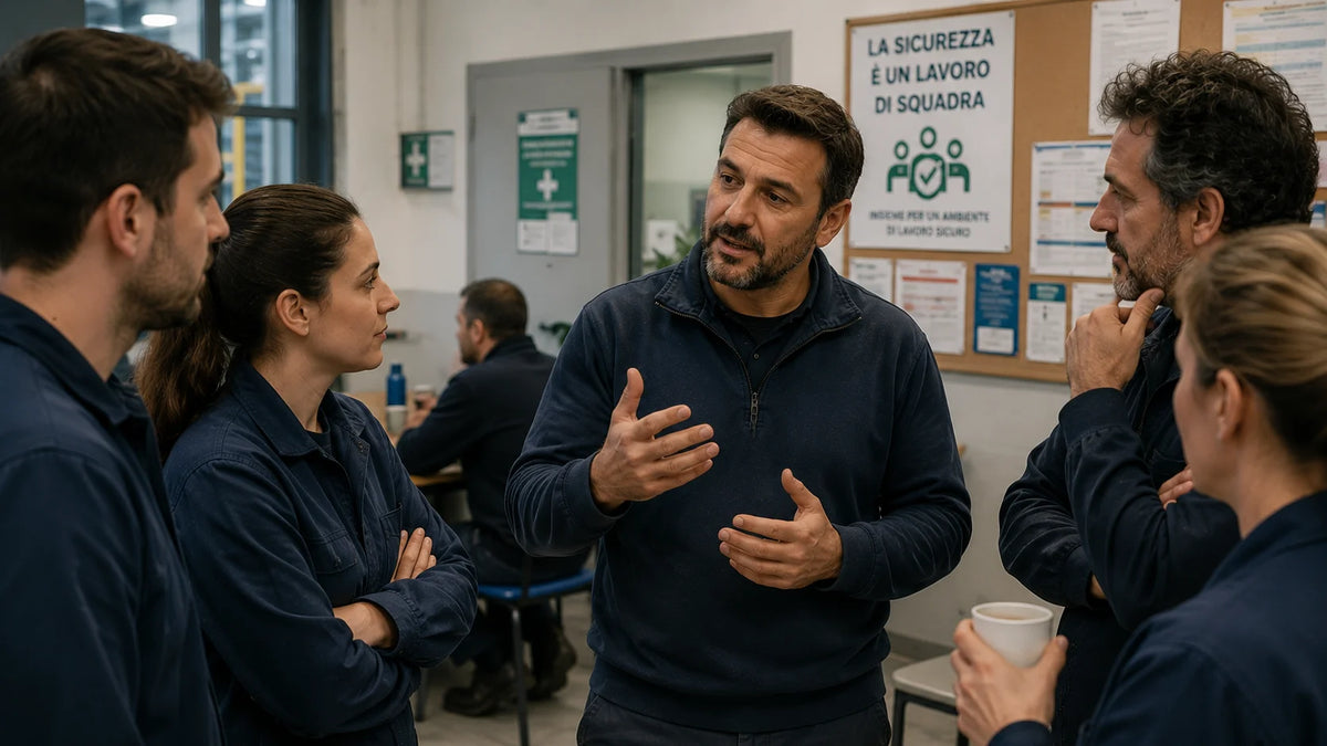 Un rappresentante dei lavoratori parla con un piccolo gruppo di colleghi in una zona comune dell'azienda