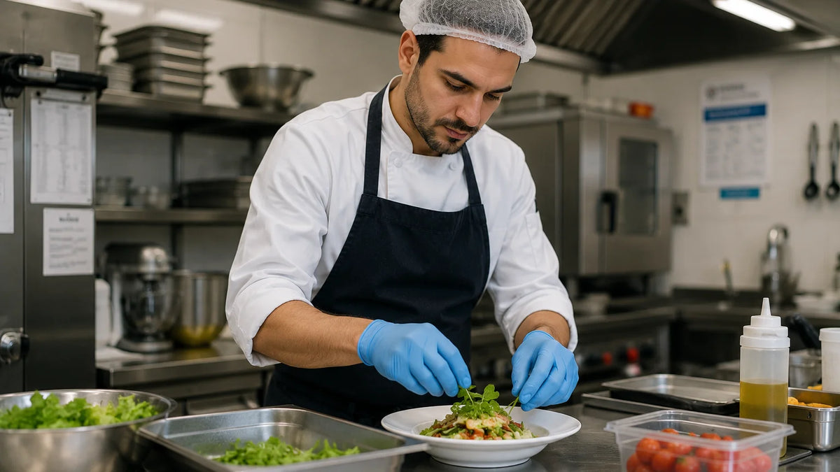Un addetto in cucina professionale prepara un piatto seguendo le procedure igieniche