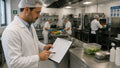 Un responsabile compila il registro di autocontrollo HACCP con la cucina sullo sfondo