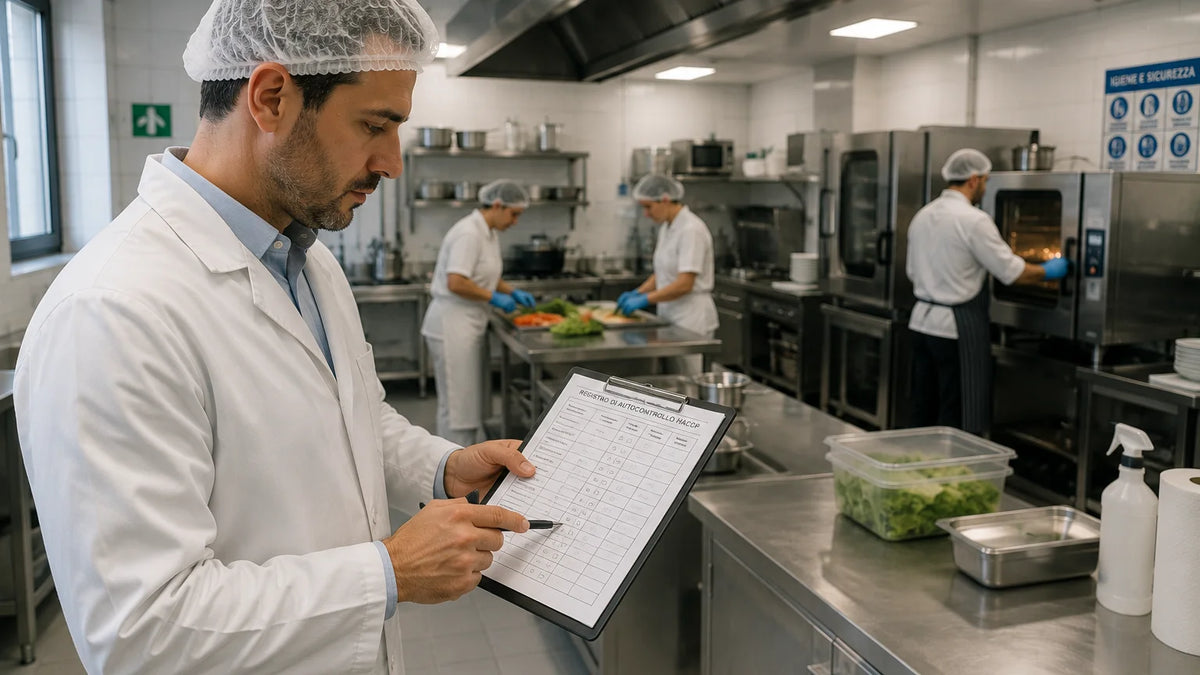 Un responsabile compila il registro di autocontrollo HACCP con la cucina sullo sfondo