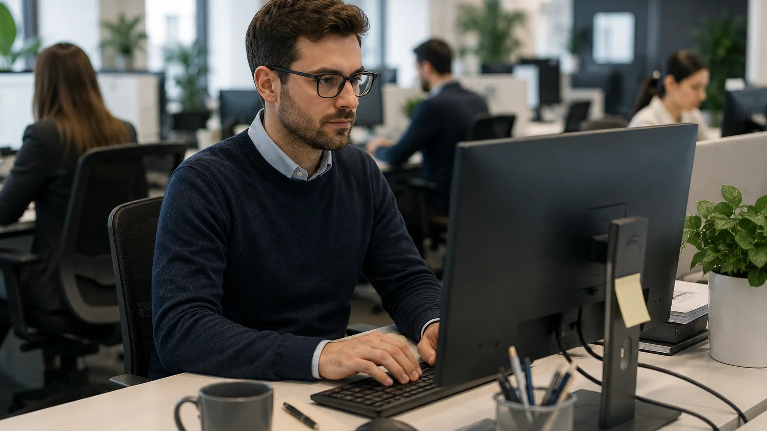 Un impiegato lavora al computer nella propria postazione in un openspace, colleghi sullo sfondo