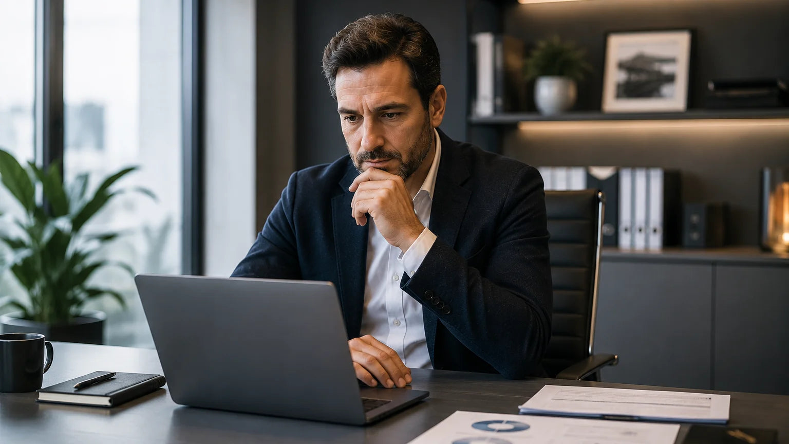 Un titolare d'azienda consulta il laptop alla scrivania del proprio ufficio, pensieroso