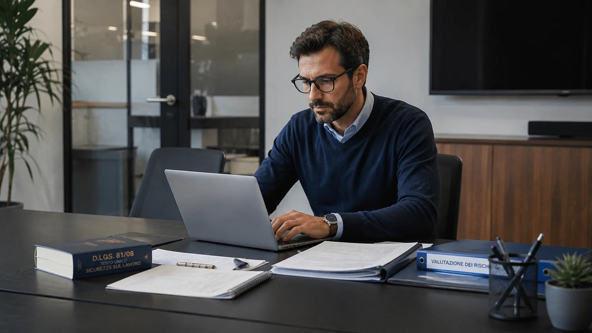 Un professionista consulta il laptop con documenti normativi in una sala riunioni